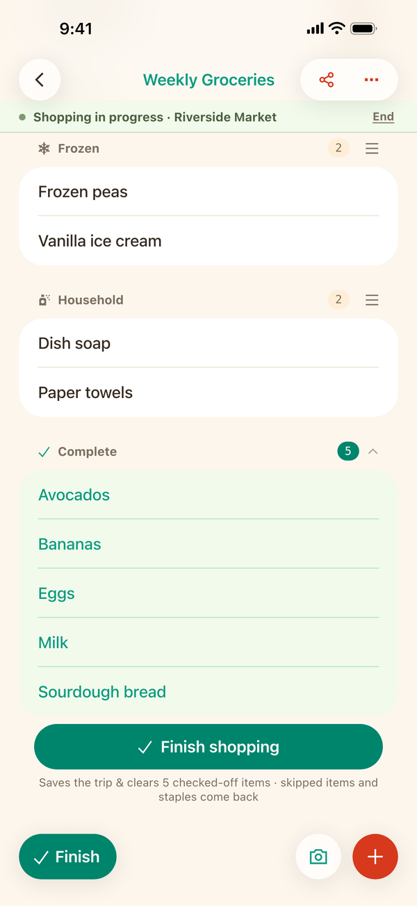 A Ristra list during a shopping trip at Riverside Market: the aisles still to walk, five checked-off items in the Complete card, and the Finish button.