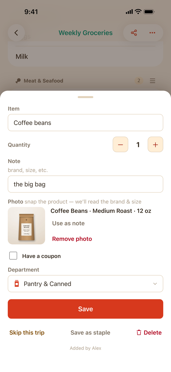 Editing Coffee beans: the photo of the bag, the size and roast Ristra read off its label, and Use as note.