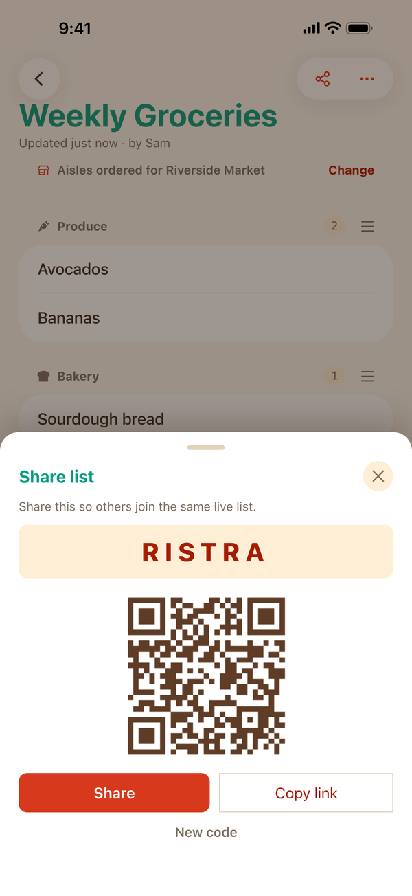 The Share list sheet with an invite code and a QR code.