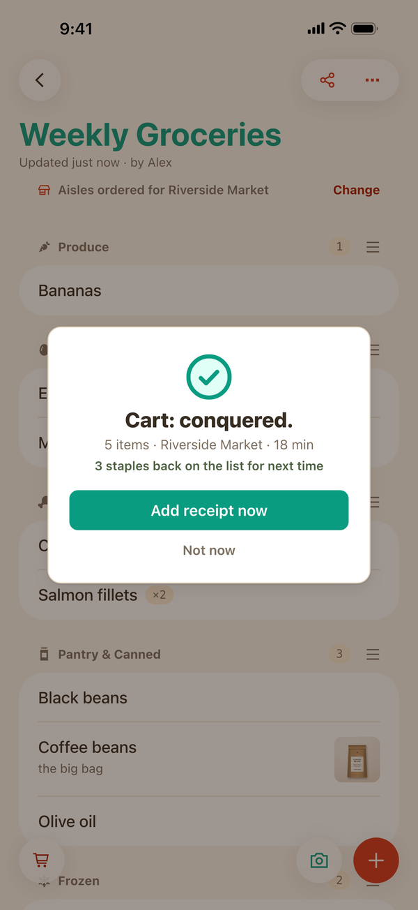 The trip-complete sheet after Finish: 5 items at Riverside Market in 18 minutes, 3 staples back on the list for next time, and Add receipt now.