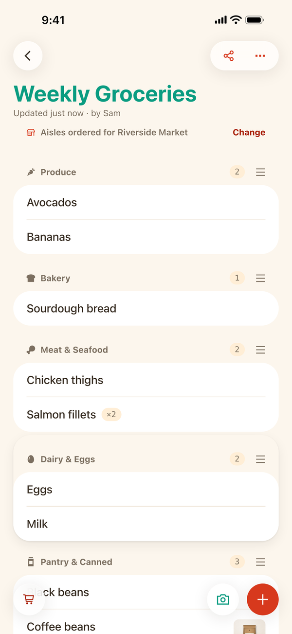 The list with its aisles ordered for Riverside Market, a drag handle on each aisle, and one aisle lifted mid-drag.