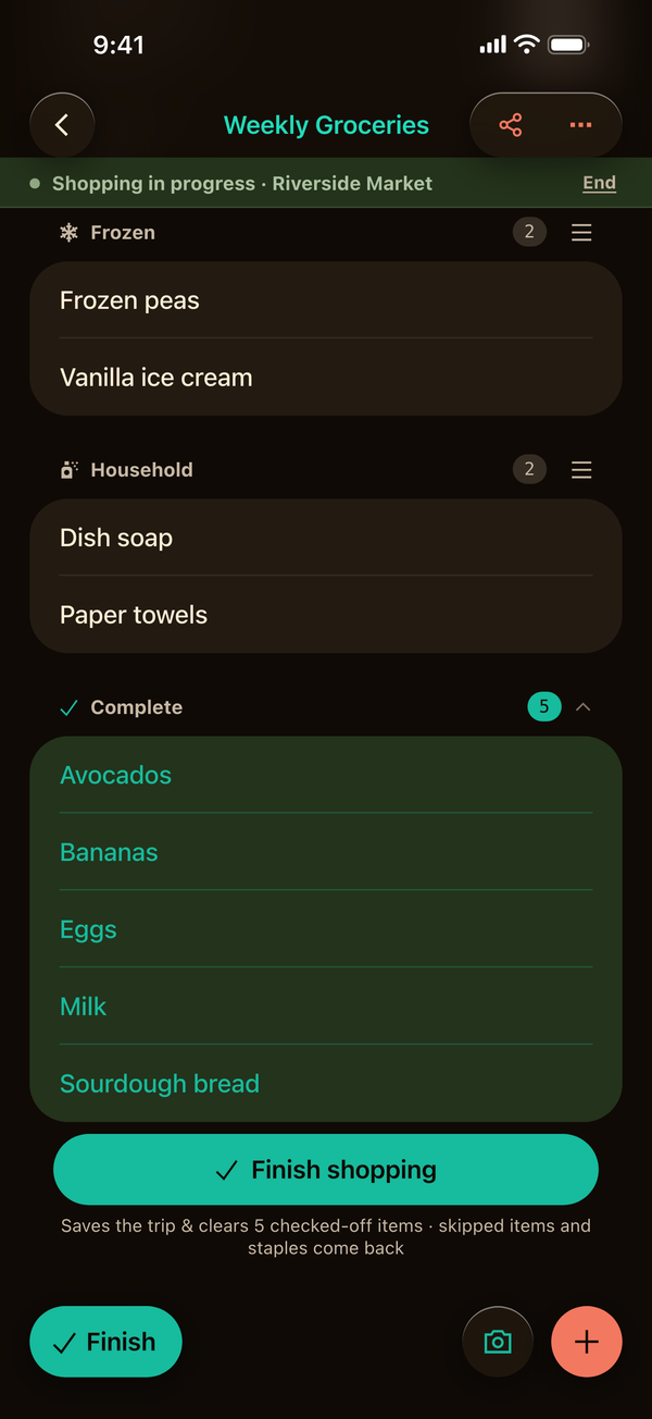 Ristra in dark mode during a shopping trip at Riverside Market, with checked-off items in the Complete card and the Finish button.